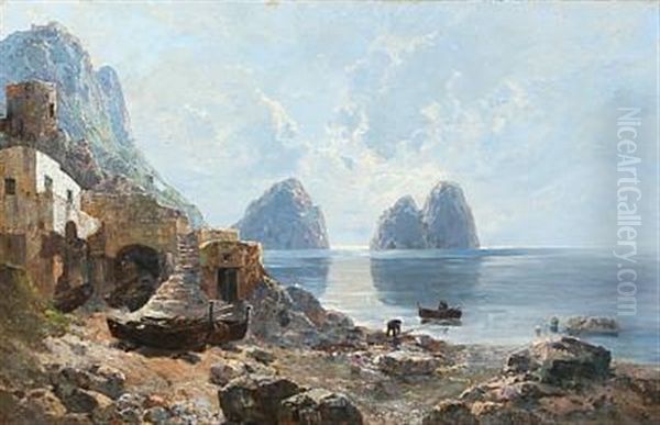 The Rocky Coast Of Capri With The Faraglioni In Morning Light Oil Painting by Enrico (Ulrico) Pistilli