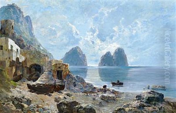 The Rocky Coast Of Capri With The Faraglioni In Morning Light by Enrico (Ulrico) Pistilli