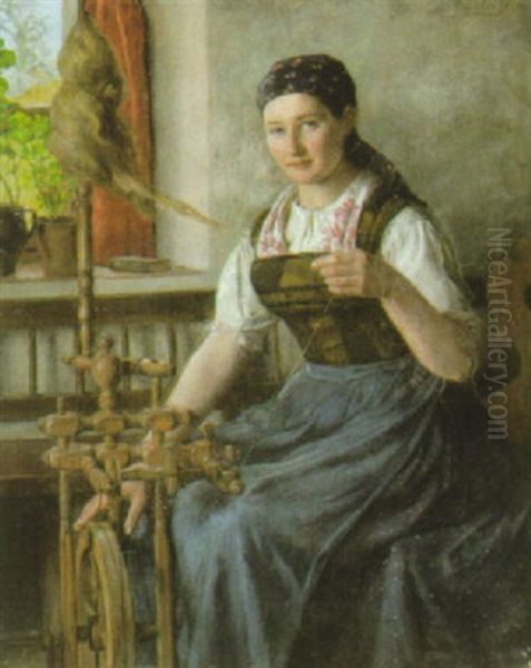 Madchen Am Spinnrad Oil Painting by Oskar Ritter von Pistor