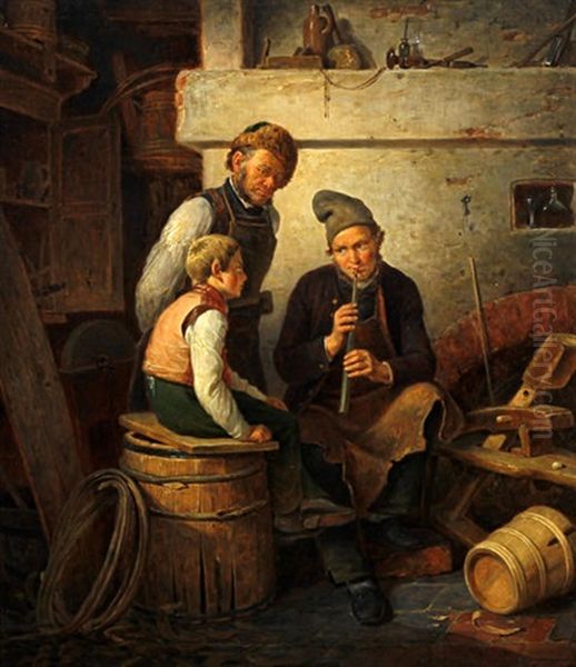 The Cooper's Workshop Oil Painting by Eduard Karl Gustav Lebrecht Pistorius