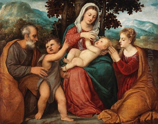 Holy Family With Saint John The Baptist And Saint Catherine (collab W/workshop) Oil Painting by Bonifazio de Pitati