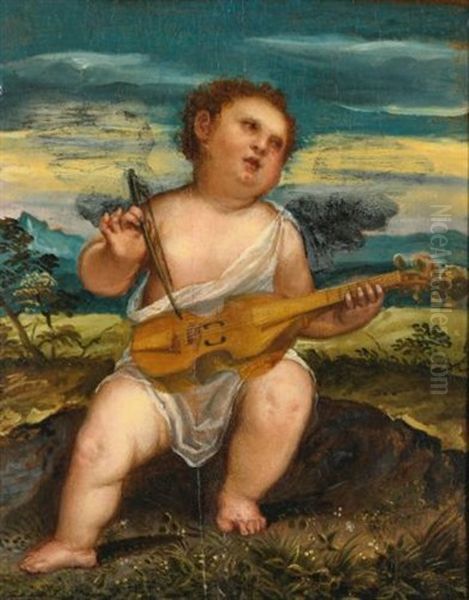 Cupid With A Violin In A Landscape Oil Painting by Bonifazio de Pitati