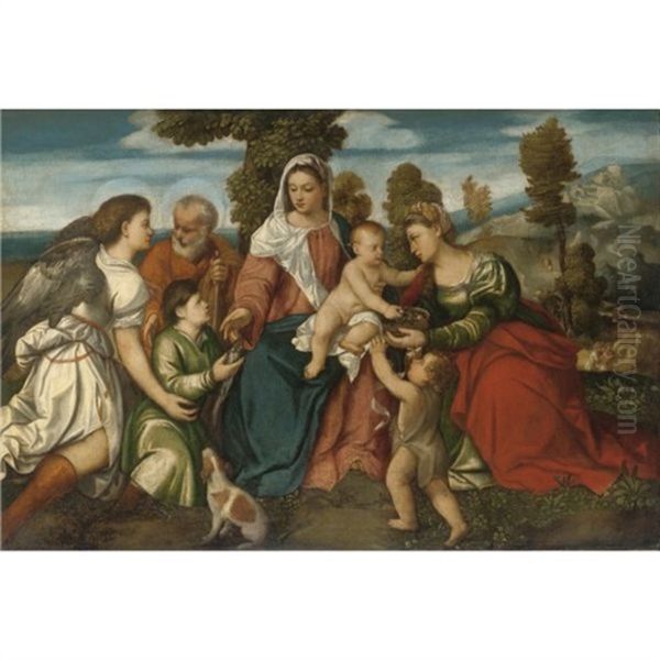 The Holy Family With Saint Dorothy And The Infant John The Baptist, And Tobias With An Angel Oil Painting by Bonifazio de Pitati