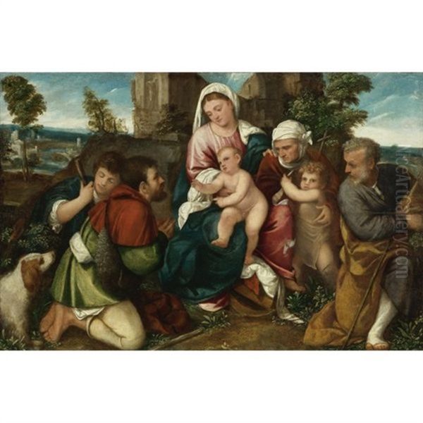 Holy Family With Saint Elizabeth, The Infant St. John, And Two Shepherds Oil Painting by Bonifazio de Pitati