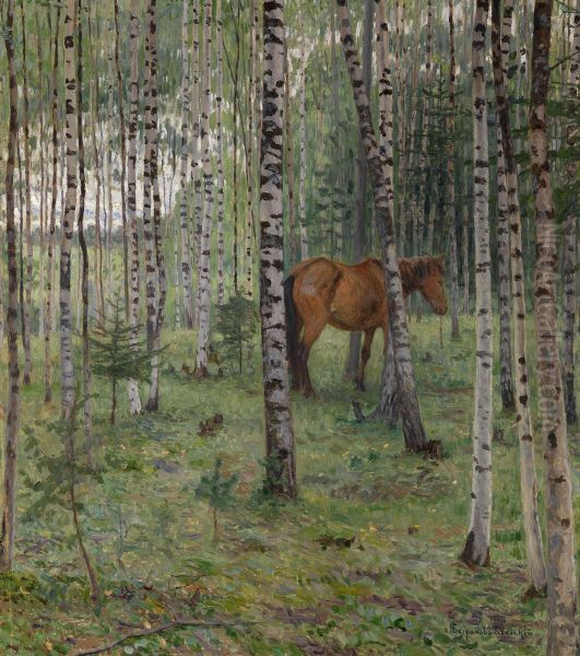 Horse In A Birch Grove Oil Painting by Nikolai Petrovich Bogdanov-Belsky