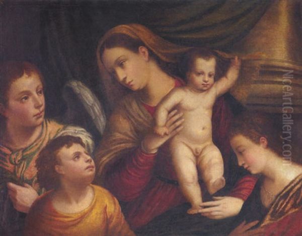 Maria Mit Jesus Umgeben Von Einem Engel Und Zwei Kindern Oil Painting by Bonifazio de Pitati