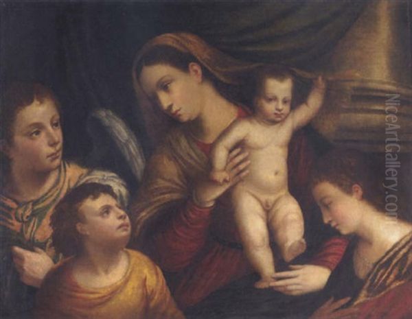 Maria Mit Jesus, Umgeben Von Einem Engel Und Zwei Kindern Oil Painting by Bonifazio de Pitati