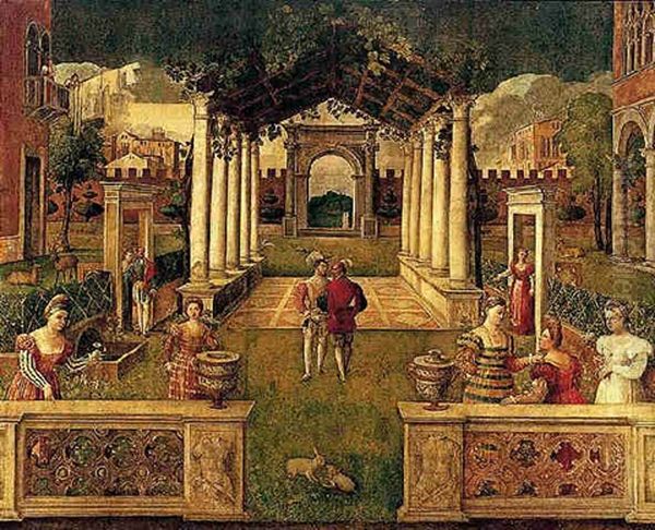 An Architectural Capriccio With Elegant Figures And Animals Promenading In An Ornamental Garden Oil Painting by Bonifazio de Pitati