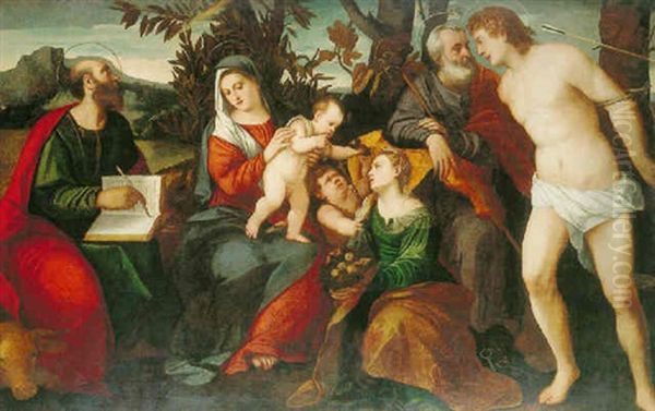 Sacra Conversazione (holy Family With Saints Luke, Dorothy, Peter, Sebastian, And The Infant Saint John The Baptist) Oil Painting by Bonifazio de Pitati