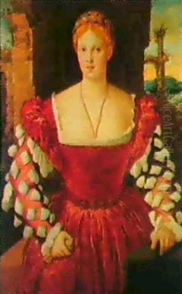 Portrait Of A Lady, Standing Three-quarter Length, Wearing  A Red Velvet Dress With White Sleeves Oil Painting by Bonifazio de Pitati