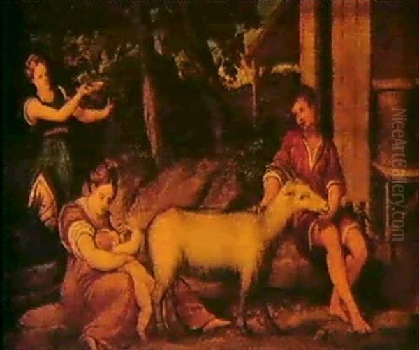 A Pastoral Landscape Possibly Depicting The Infancy Of      Jupiter Oil Painting by Bonifazio de Pitati