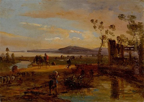 Farmers And Animals In A Landscape Near Naples Oil Painting by Anton Sminck Pitloo