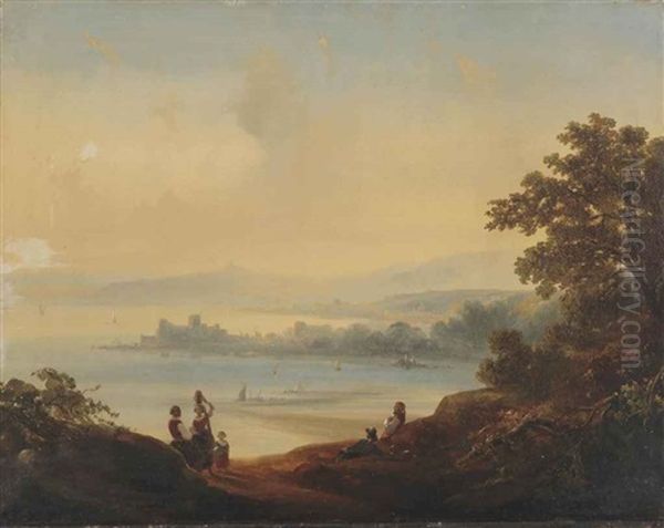 An Italianate Landscape With A Capriccio View Of A Bay Of Napels Oil Painting by Anton Sminck Pitloo