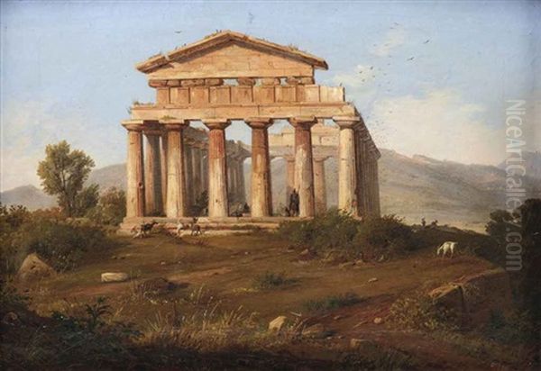 The Temple Of Athena At Paestum Oil Painting by Anton Sminck Pitloo