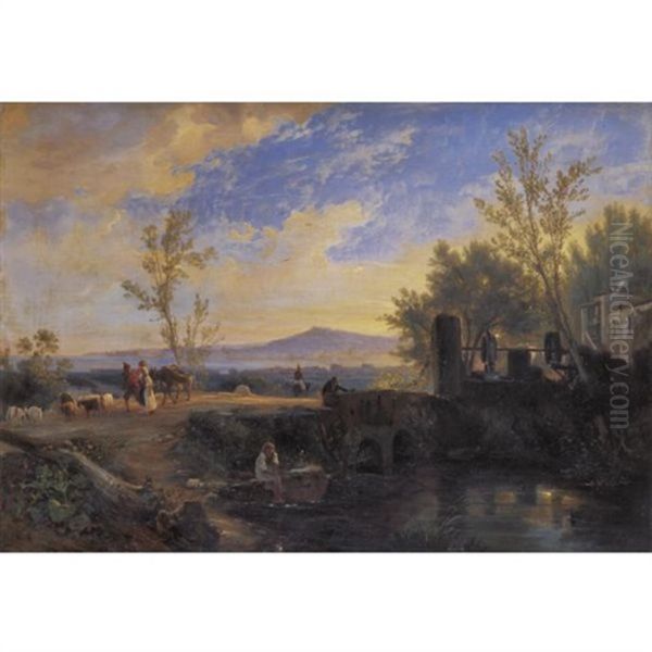 Peasants And Animals In A Landscape In Naples Oil Painting by Anton Sminck Pitloo