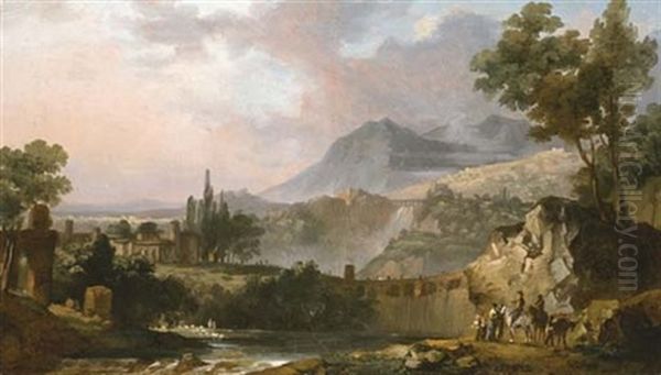 Travelers Resting By The Liri Waterfalls At Isola Di Sora Oil Painting by Anton Sminck Pitloo