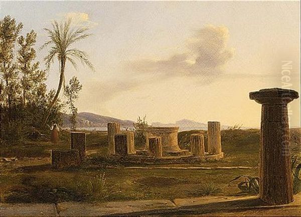 An Italian Landscape With Figures Near A Ruin by Anton Sminck Pitloo