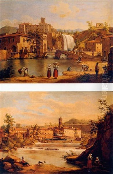 Washerwomen Beside A Waterfall With An Italian Town Beyond Oil Painting by Anton Sminck Pitloo