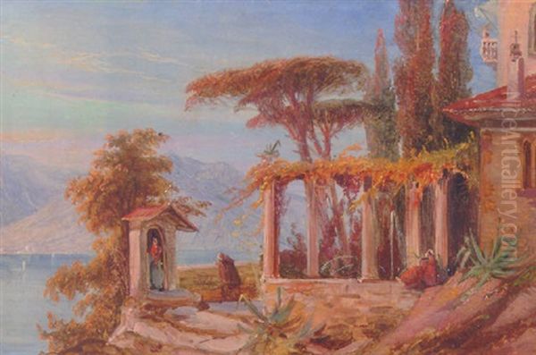 Monks On A Terrace Overlooking The Lake Garda Oil Painting by Anton Sminck Pitloo