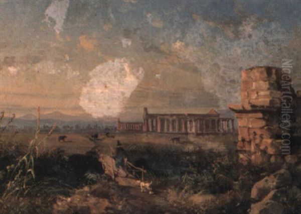 Figure Crossing A Bridge Before The Temple Of Paestum Oil Painting by Anton Sminck Pitloo