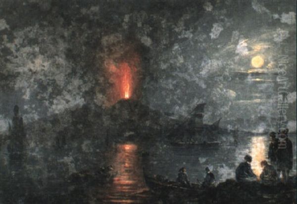 Vesuvius By Moonlight Oil Painting by Anton Sminck Pitloo