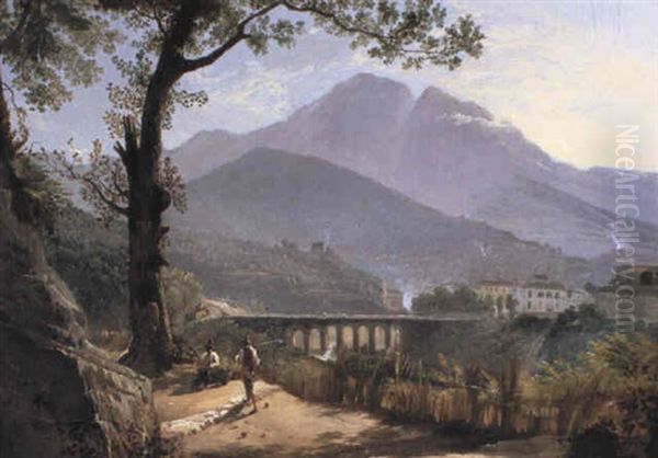 Italian Hills With An Aqueduct Oil Painting by Anton Sminck Pitloo