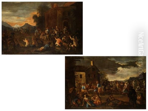 Gesellschaft An Gedecktem Tisch Mit Musikantengruppe Vor Einer Herberge (+ Landliches Haus Mit Weitem Platz, Davor Musikanten, Tanzendes Paar Und Personen An Gedecktem Tisch; Pair) Oil Painting by Matteo de' Pitocchi (Matteo Ghidoni)