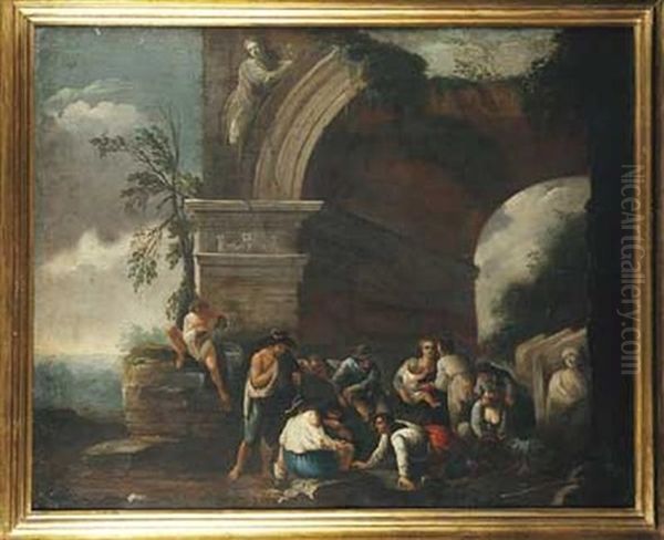 Une Reunion De Paysans Dans Des Ruines Antiques Oil Painting by Matteo de' Pitocchi (Matteo Ghidoni)