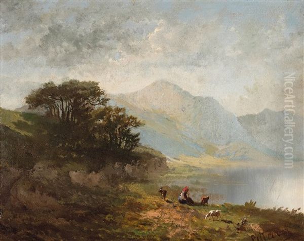 Contadina Con Caprette In Riva Al Lago Oil Painting by Carlo Pittara