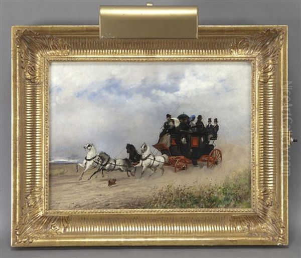 Family Traveling By Stagecoach Oil Painting by Carlo Pittara