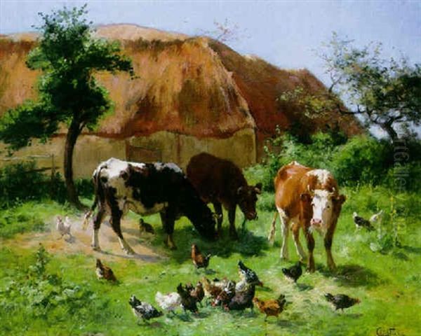 Cows And Chickens In A Meadow Oil Painting by Carlo Pittara