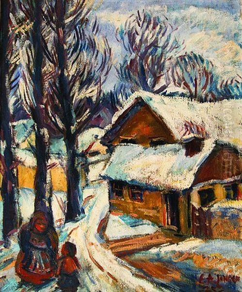 Winter In Village Oil Painting by Emil Arthur Pittermann Longen