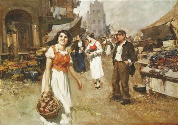 A Woman Holding A Basket In An Italian Market Oil Painting by Giuseppe Pitto