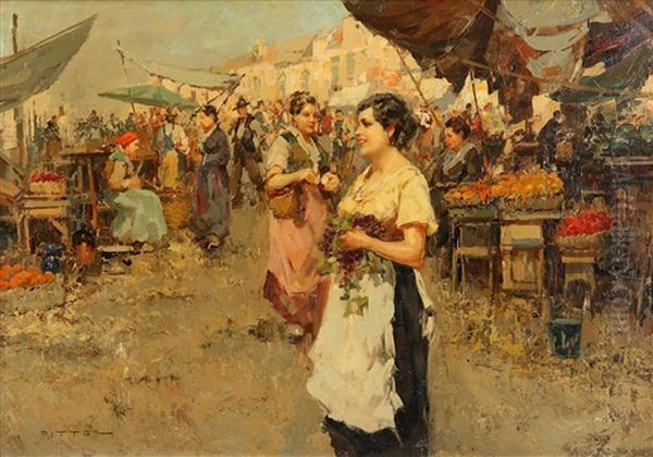 Italian Market Scene With Grape Seller Oil Painting by Giuseppe Pitto