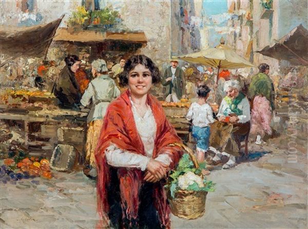 Italiaanse Marktscene Oil Painting by Giuseppe Pitto