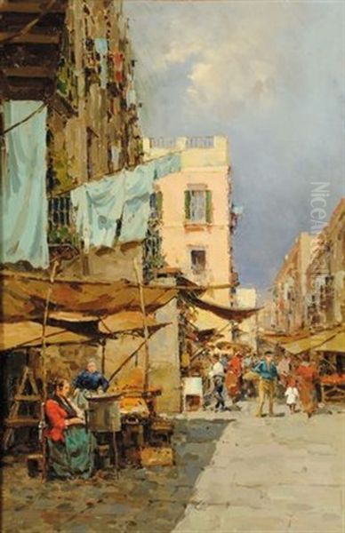 Strada Paesana Con Bancarelle Oil Painting by Giuseppe Pitto