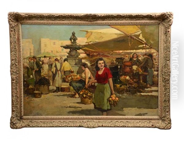 Market Scene Oil Painting by Giuseppe Pitto