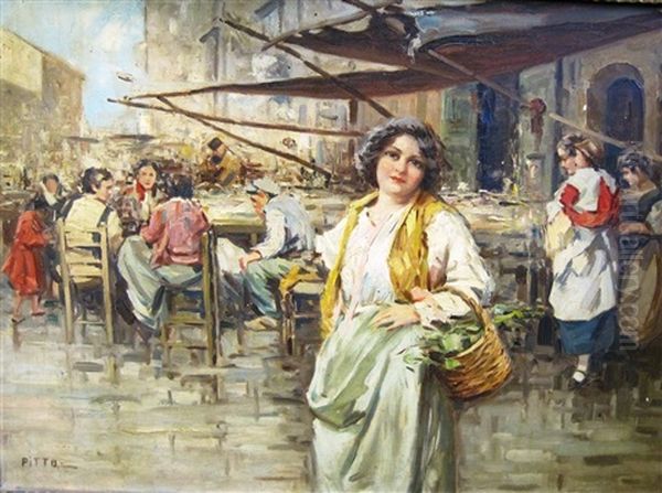 At An Italian Market Oil Painting by Giuseppe Pitto