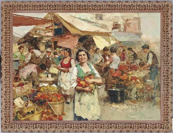 An Italian Market Scene Oil Painting by Giuseppe Pitto