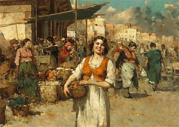 A Market Scene With A Woman Holding A Basket In The Foreground (+ Other; Pair) Oil Painting by Giuseppe Pitto