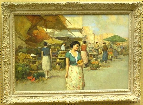 Women At An Italian Market Oil Painting by Giuseppe Pitto