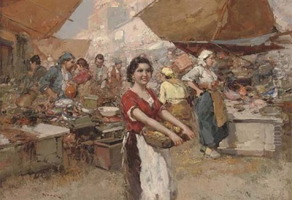 A Fruit Seller On Market Day Oil Painting by Giuseppe Pitto