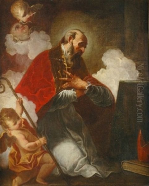 A Bishop Saint, Saint Augustine Of Hippo (?) Oil Painting by Giovanni Battista Vicentino Pittoni the Elder