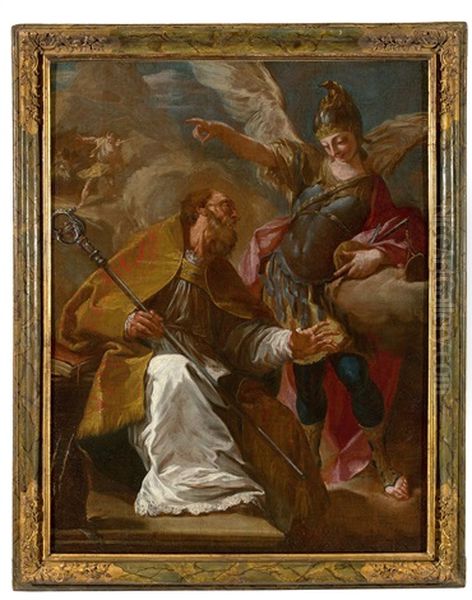 The Archangel Michael And Bischop Laurentius Of Siponto Before The Sanctuary Of Monte Gargano Oil Painting by Giovanni Battista Pittoni the younger