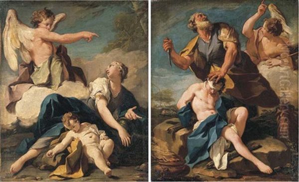 The Angel Appearing To Hagar And Ishmael In The Desert (+ The Sacrifice Of Isaac; Pair) Oil Painting by Giovanni Battista Pittoni the younger