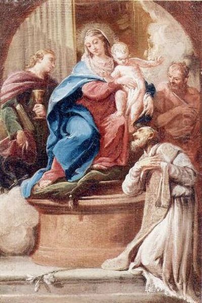 Madonna In Trono E I Ss. Giovanni Evangelista, Giovanni Battista E Filippo Neri Oil Painting by Giovanni Battista Pittoni the younger