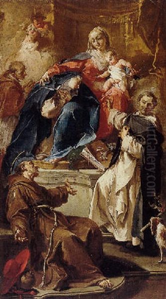 Madonna And Child With Saints Rosa Of Lima, Dominic, Bonaventura And Borromeo Oil Painting by Giovanni Battista Pittoni the younger