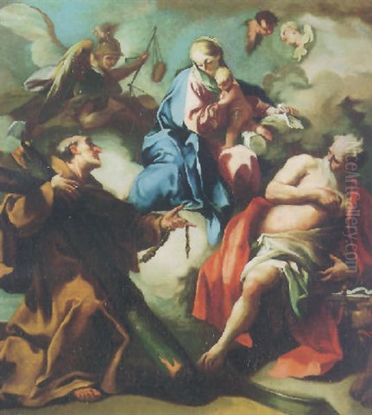 The Madonna And Child With The Archangel Michael, Saint Peter Of Alcantara And Saint Jerome Oil Painting by Giovanni Battista Pittoni the younger