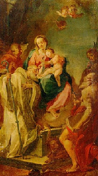 Madonna And Child With Saint Jerome And A Bishop Saint Oil Painting by Giovanni Battista Pittoni the younger