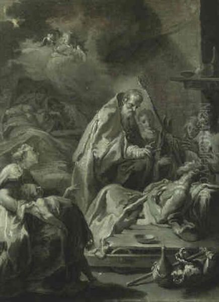 A Bishop Saint Blessing The Sick Oil Painting by Giovanni Battista Pittoni the younger